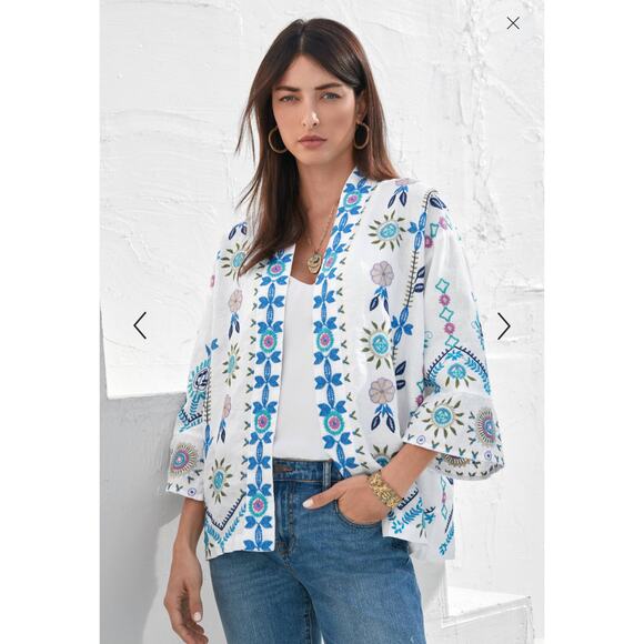 Johnny Was Oriel Linen Cropped Embroidered Open Front Kimono Small - Picture 1 of 7